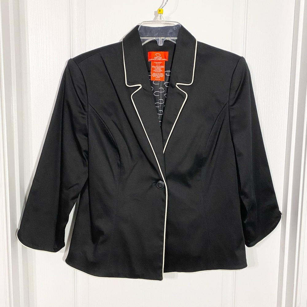 Y2K Oscar De La Renta Piped 3/4 Sleeve Cropped Blazer Vintage Black Cream Size 8